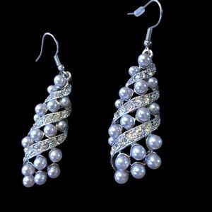 Long Blingy Earrings w/Rhinestones & Faux Pearls, Evening, Wedding Dangles